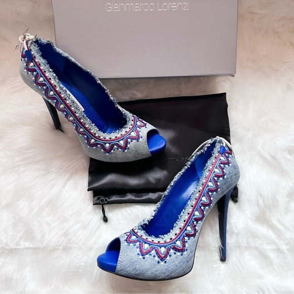 New! Rare GIANMARCO LORENZI Rhinestone Bead Embellished Embroidered Denim Heels - Picture 1 of 12